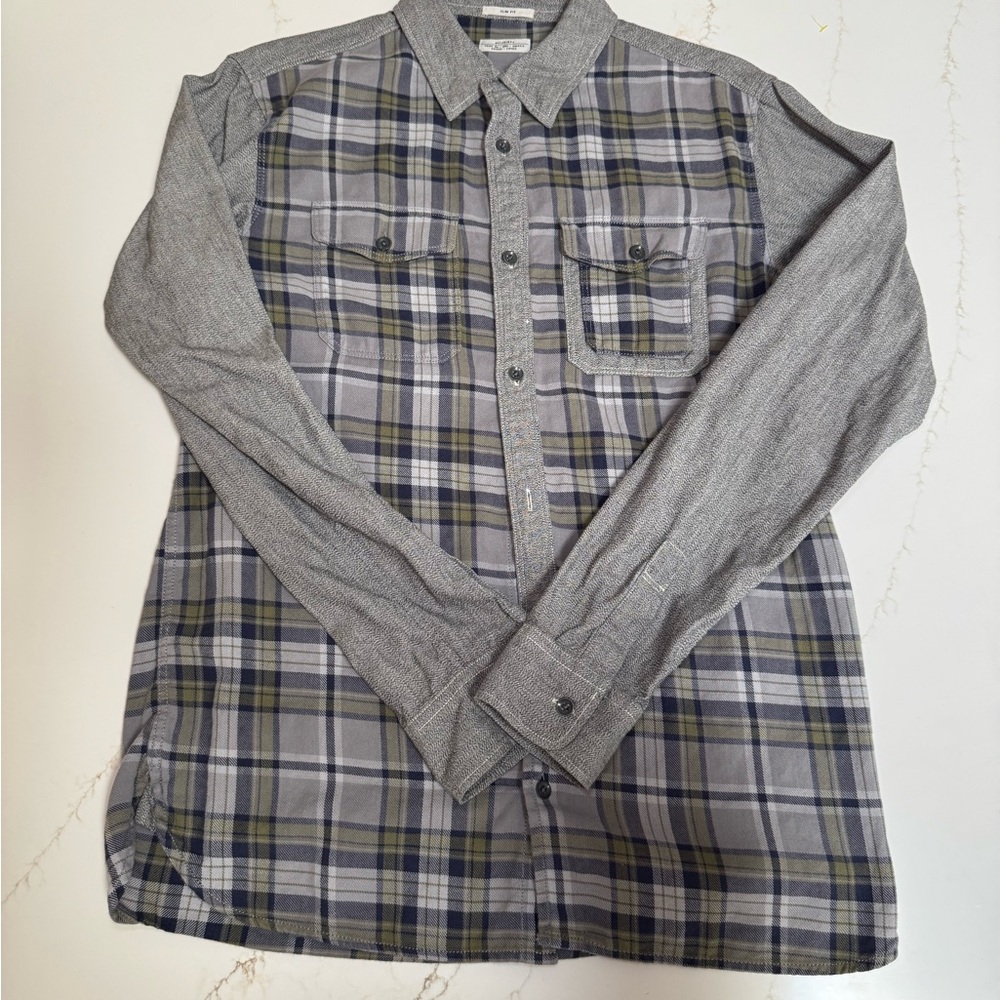 All Saints Gray and Blue Casual Button Down Shirt